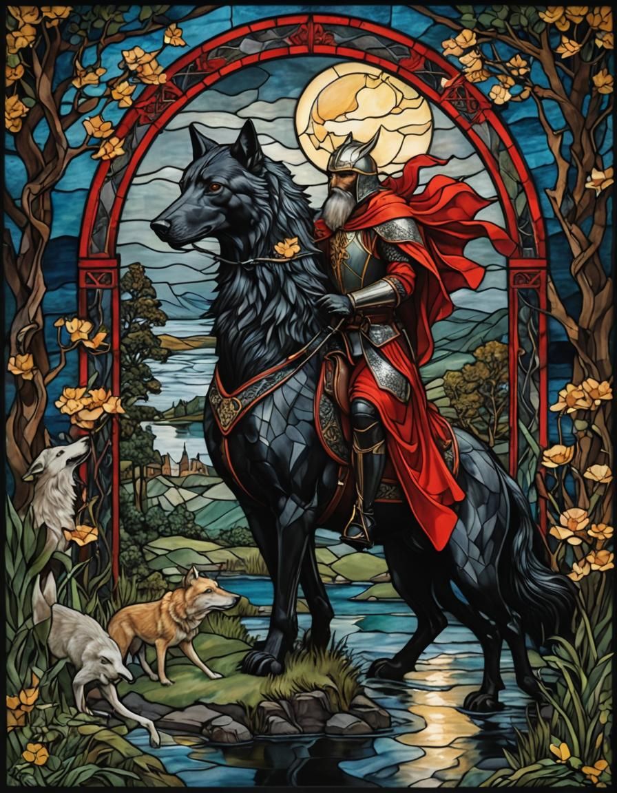 Celtic Knight Stained Glass Window in Neo-Cubist Style