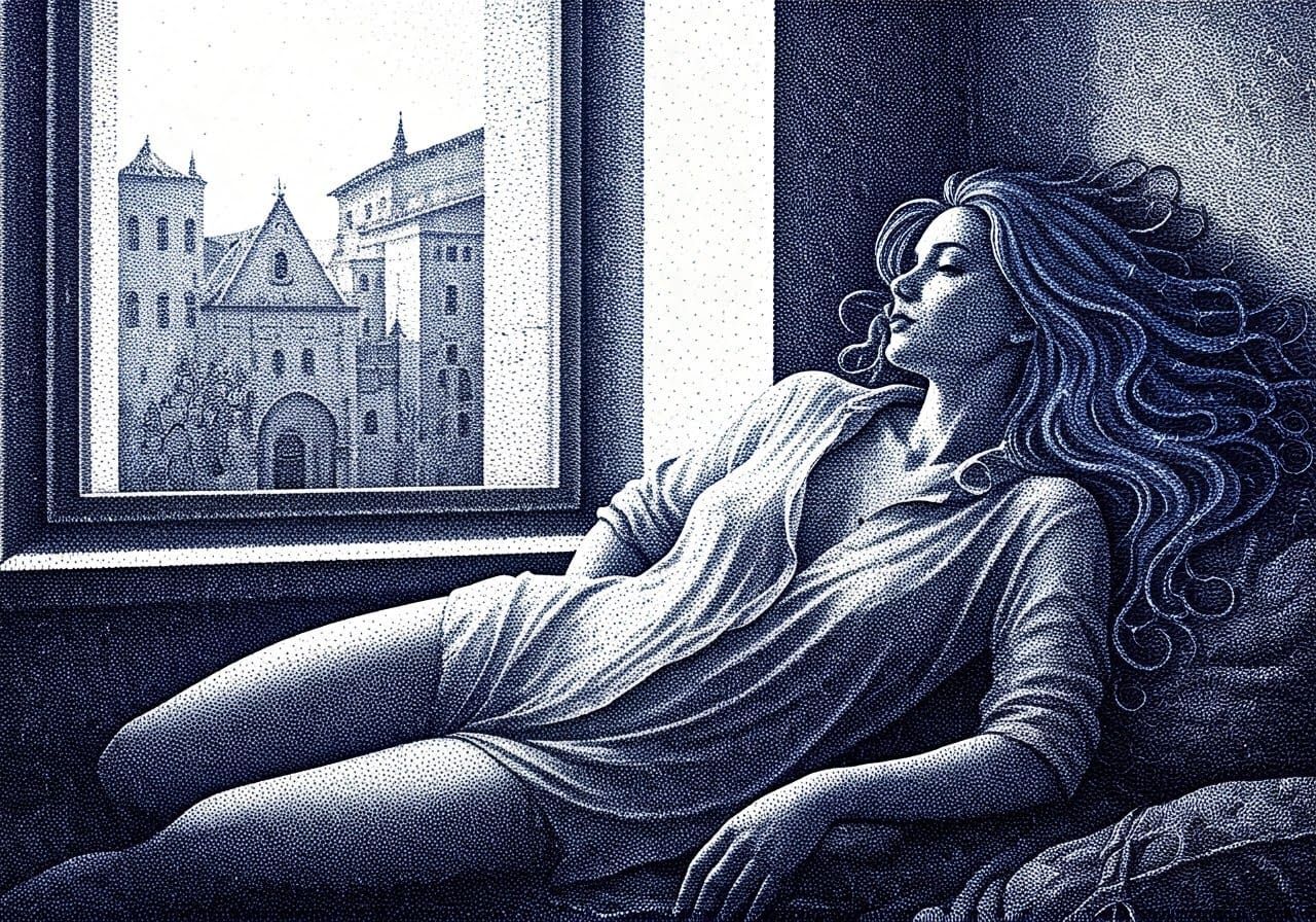 Pointillist Woman with Nebula Hair in Apartment