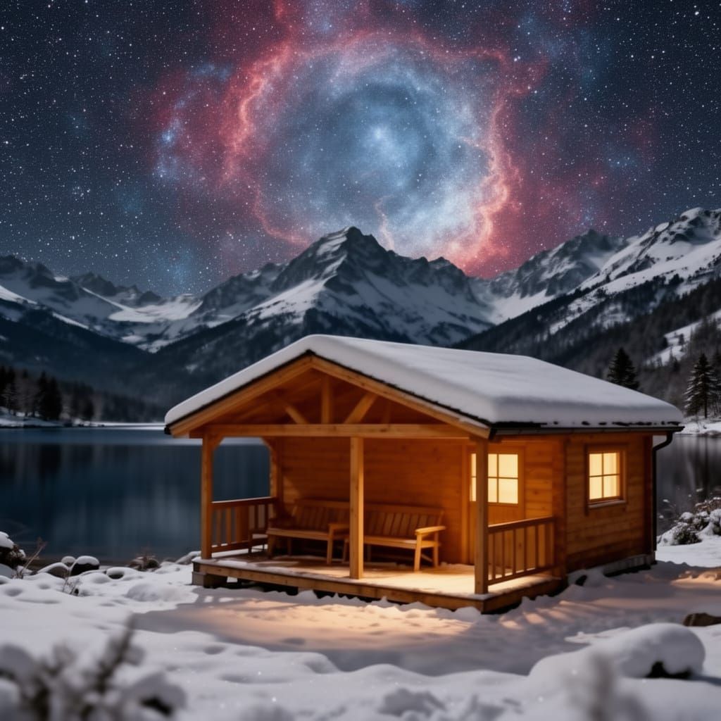 Snowy Cabin by Lake Under Starry Night Sky