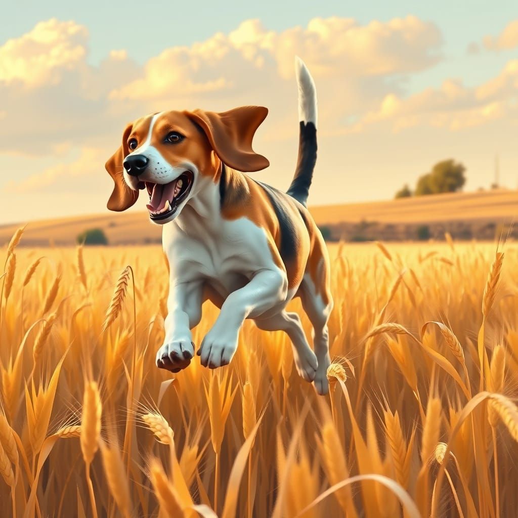 A joyful beagle bounding across a golden wheat field, captur...