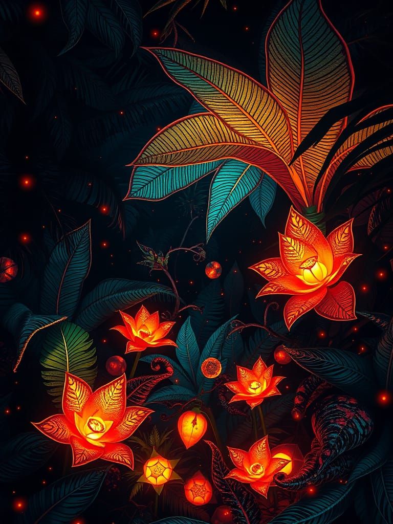 Surreal Midnight Garden with Glowing Flora and Gemstones