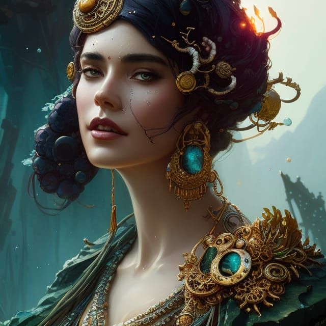 Ancient Water God in Detailed Watercolor Style