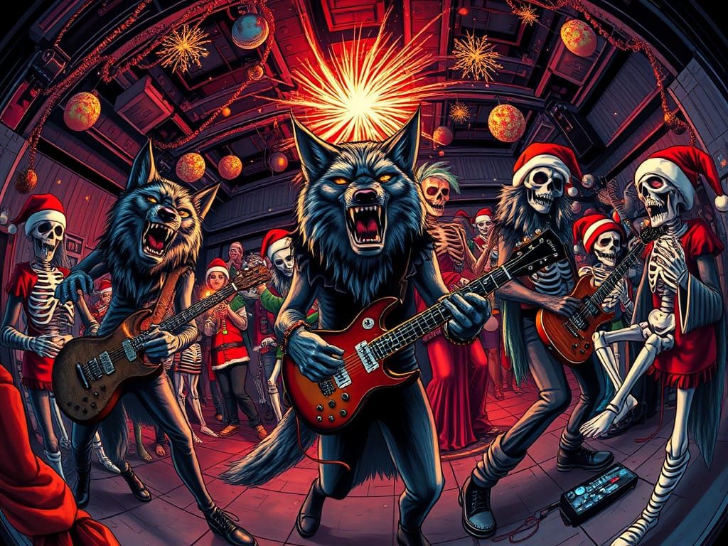 Werewolf Rock Band Party in Fish-Eye Perspective