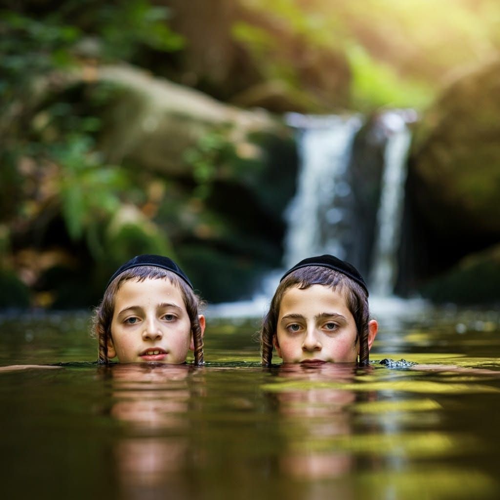 Two Young Hasidic Boys in a Waterfall Scene