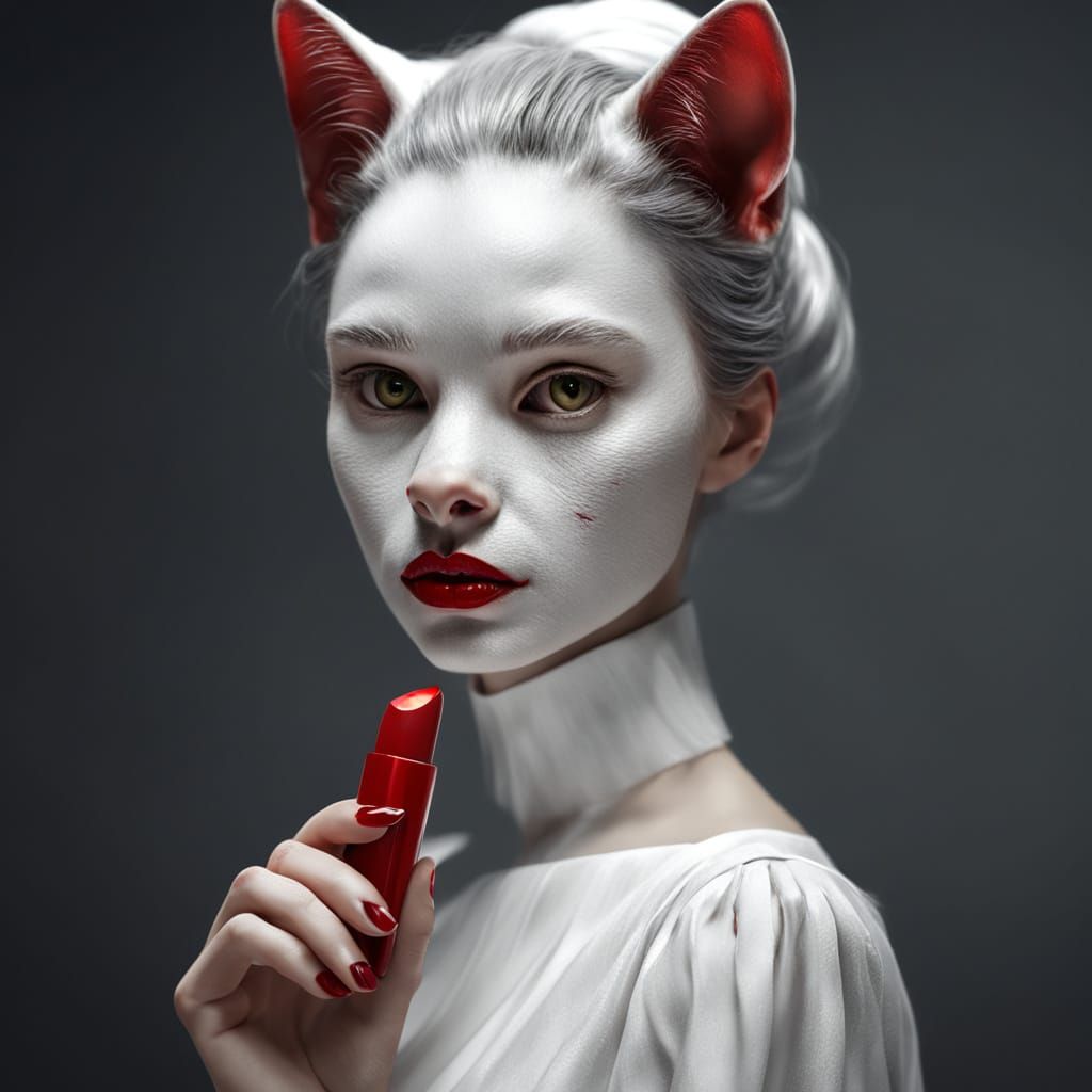 Cat-Headed Woman in White Dress: 3D Rendering