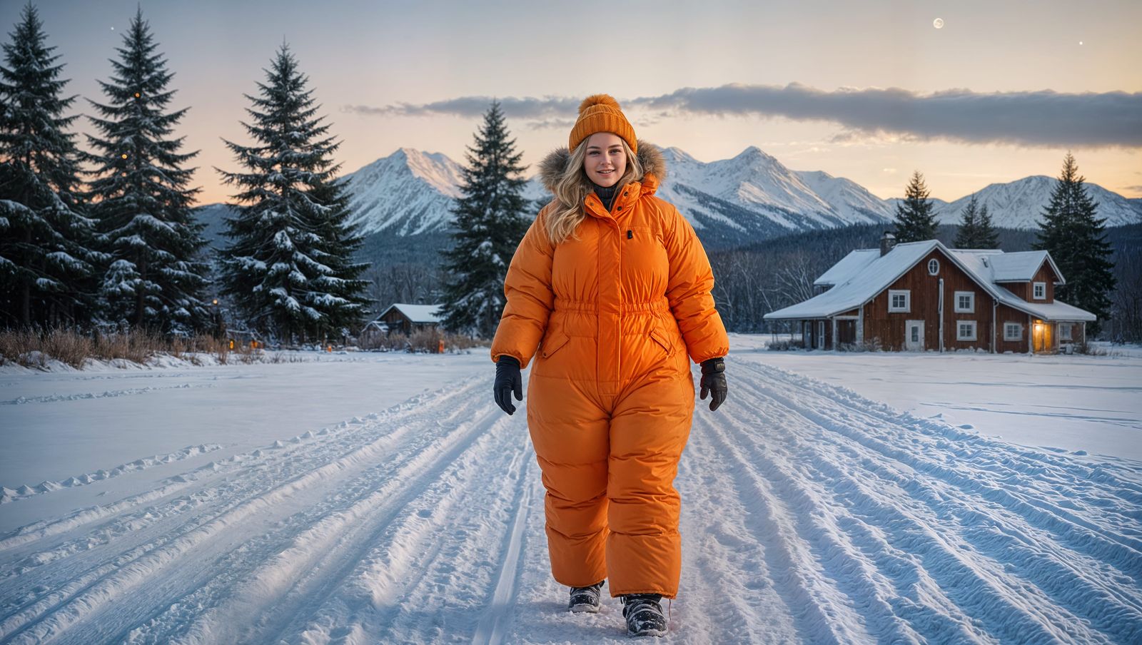 Woman in Orange Snowsuit at Farmhouse, Winter Scene