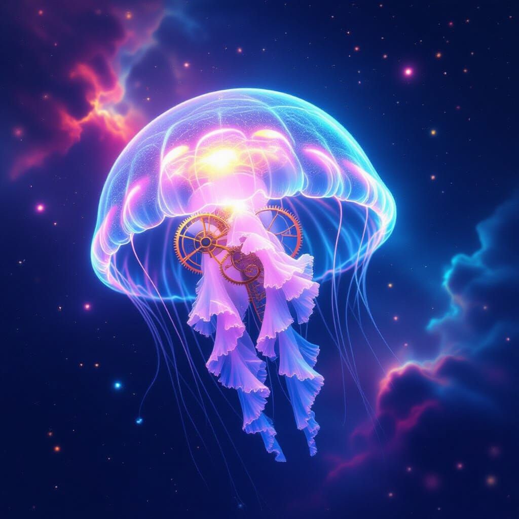 Bioluminescent Jellyfish with Clockwork in a Nebula