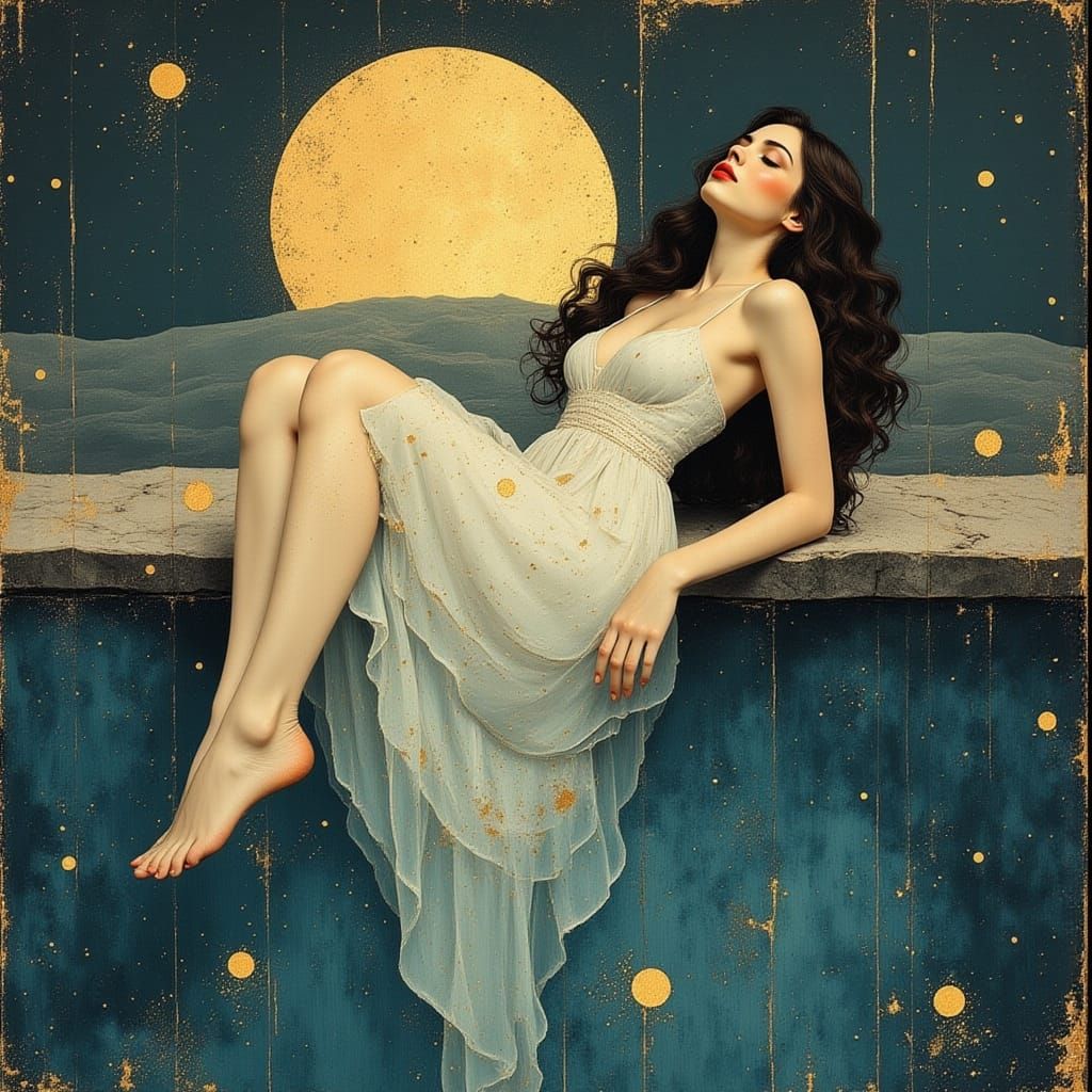 Woman Dives into Moonlit Pool in Watercolor Style