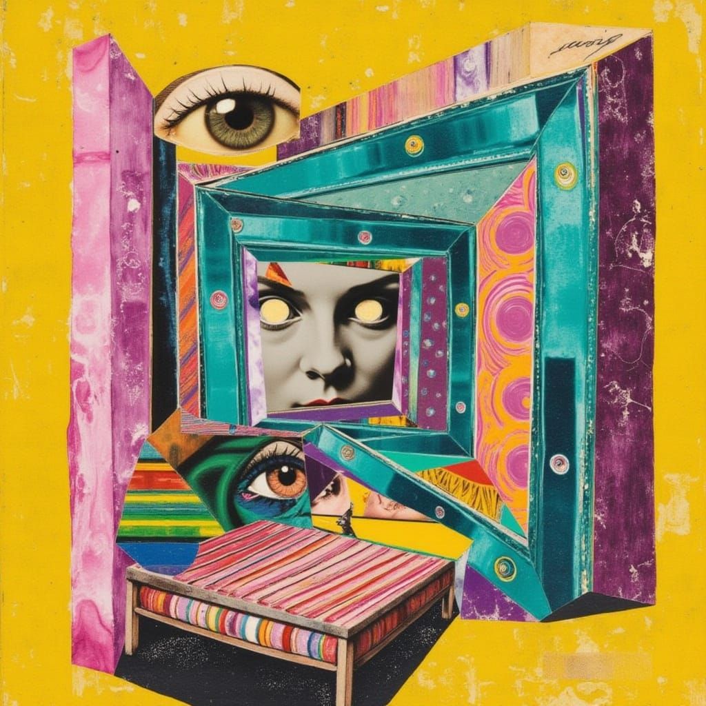 Surrealist 3D Collage of Dreamscape with Geometric Frames