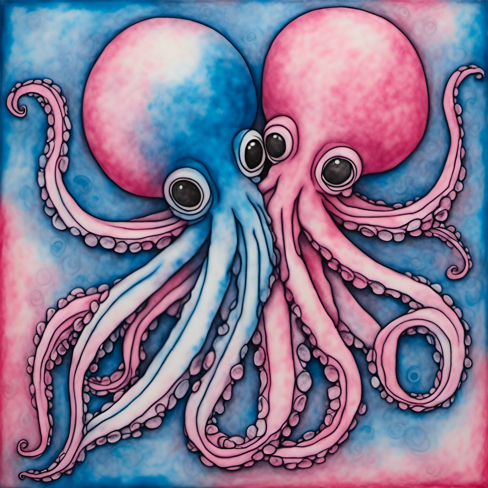 Two Squids Hugging in Crayon Style