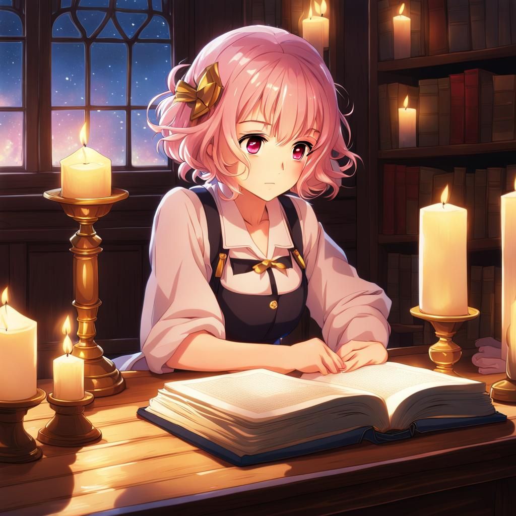 Anime Style Teenage Girl Studying by Candlelight