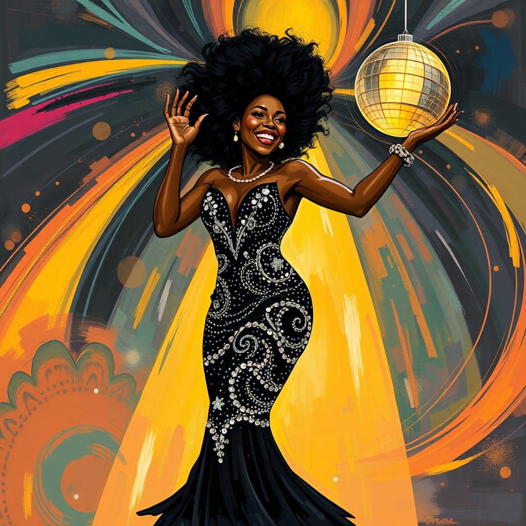 Vibrant Black Woman Dancing Under a Disco Ball in a Kaleidos...