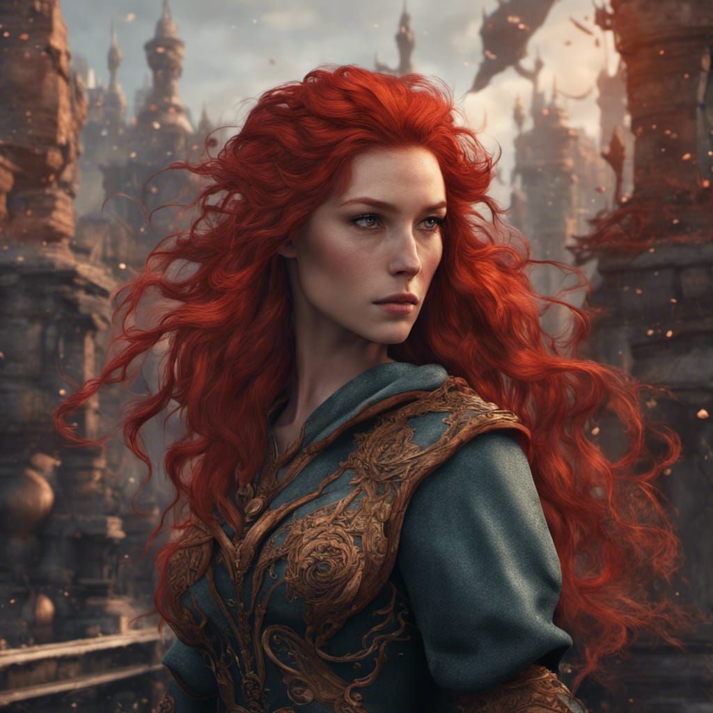 Fantastical Red-Haired Woman in Detailed Matte Painting
