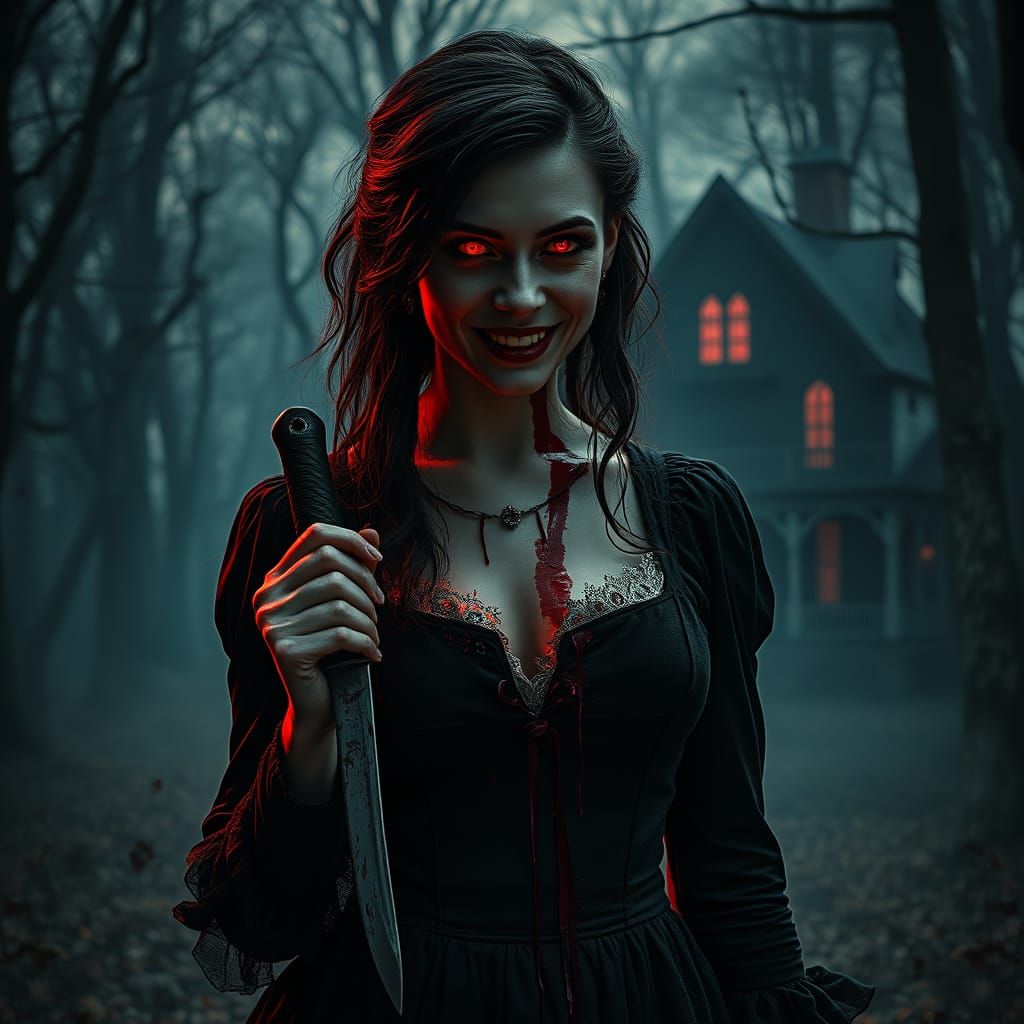Bloody Victorian Woman in Gothic Horror Scene