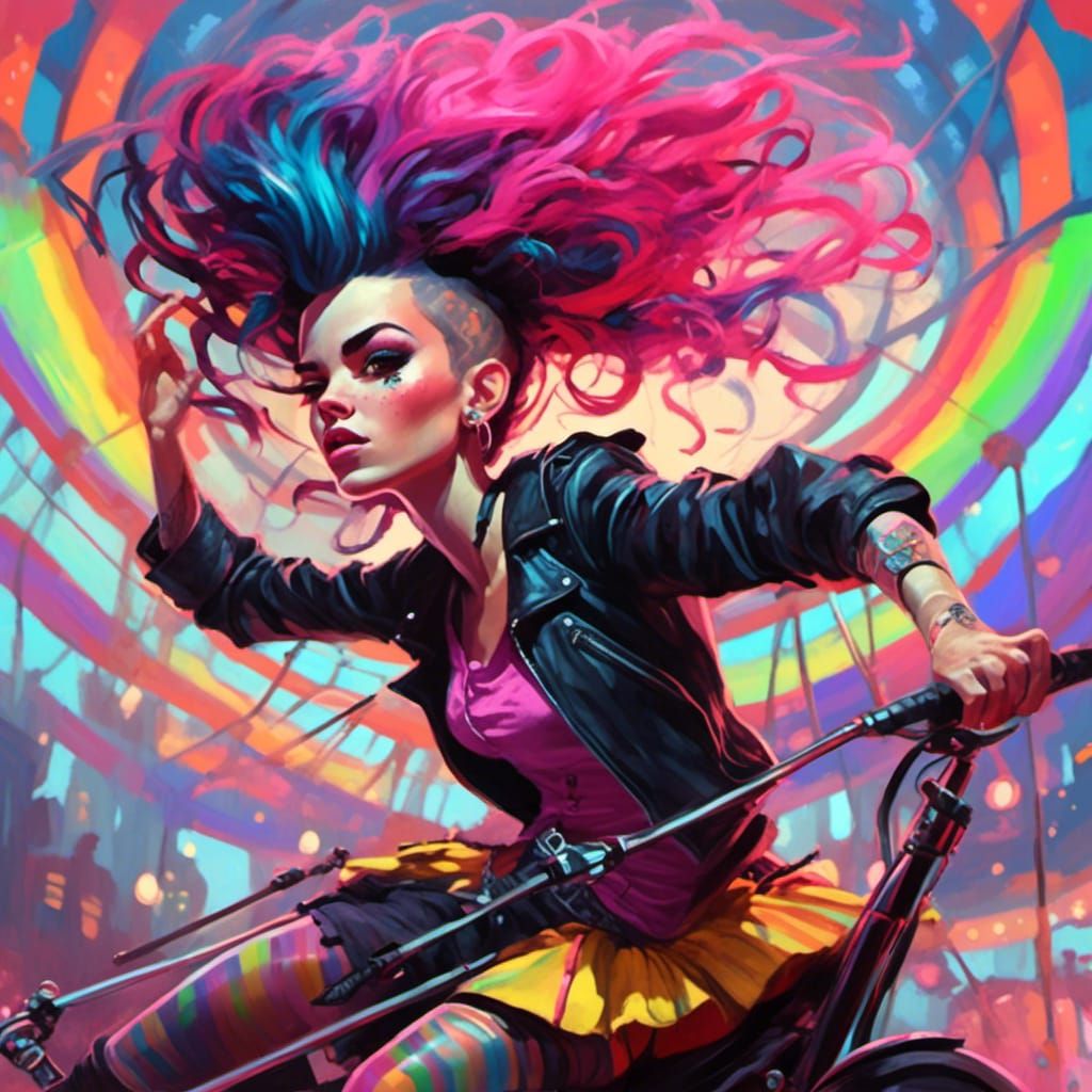 Punk Rock Girl on Rainbow Carousel in Pop Art Style