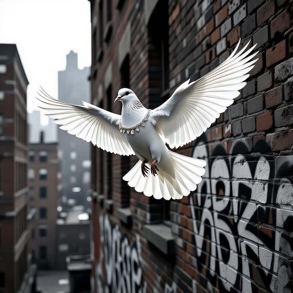 Dove Soars Through Industrial Cityscape in Film Noir Style
