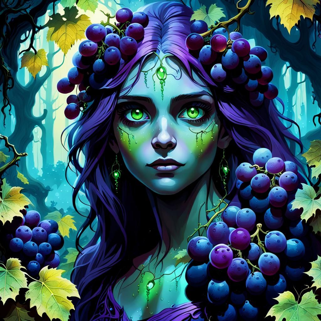 Mystical Grapes in Bioluminescent Forest, Dark Fantasy Art