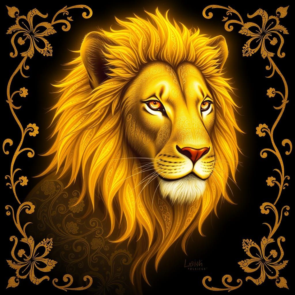 Bioluminescent Golden Lion with Filigree Design