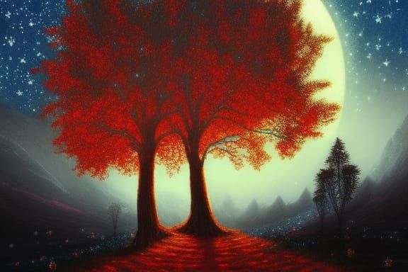 Red Riding Hood in Misty Mountain Oil Painting