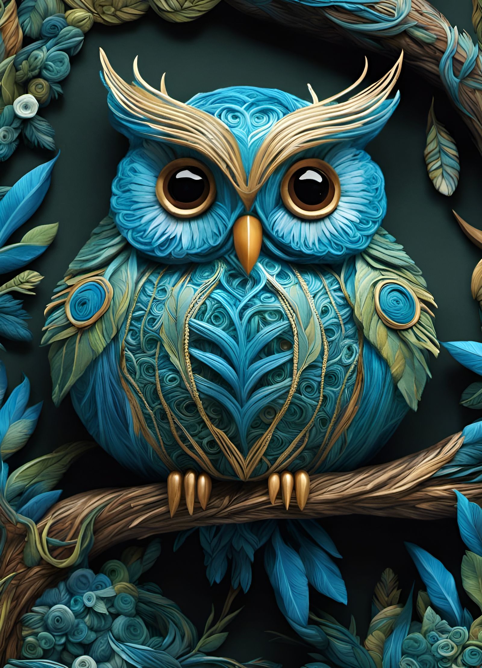 Intricate Cerulean Yarn Owl Plushie in Forest