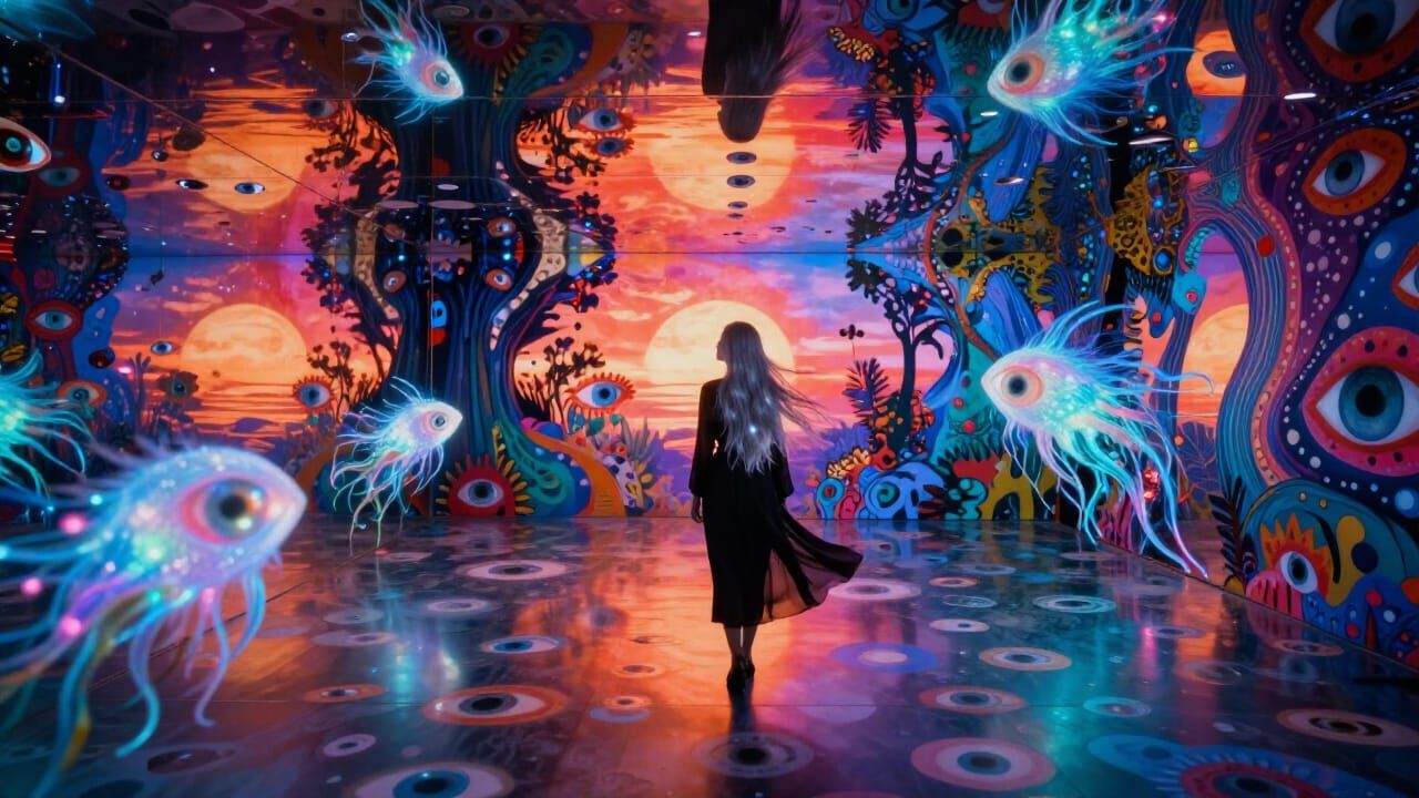 Woman in Surreal Infinity Room with Glowing Eyes