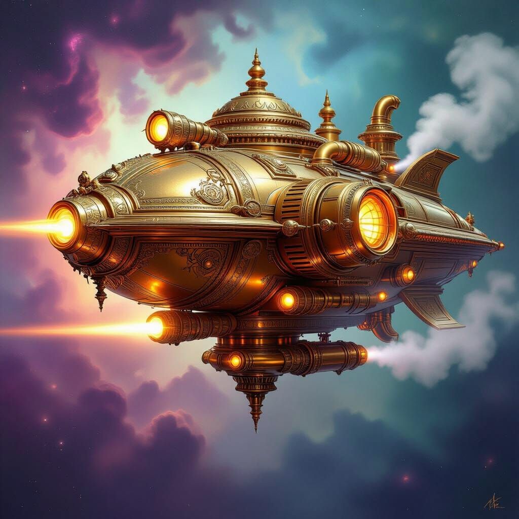 A golden, ornate airship is floating above a mountain range.