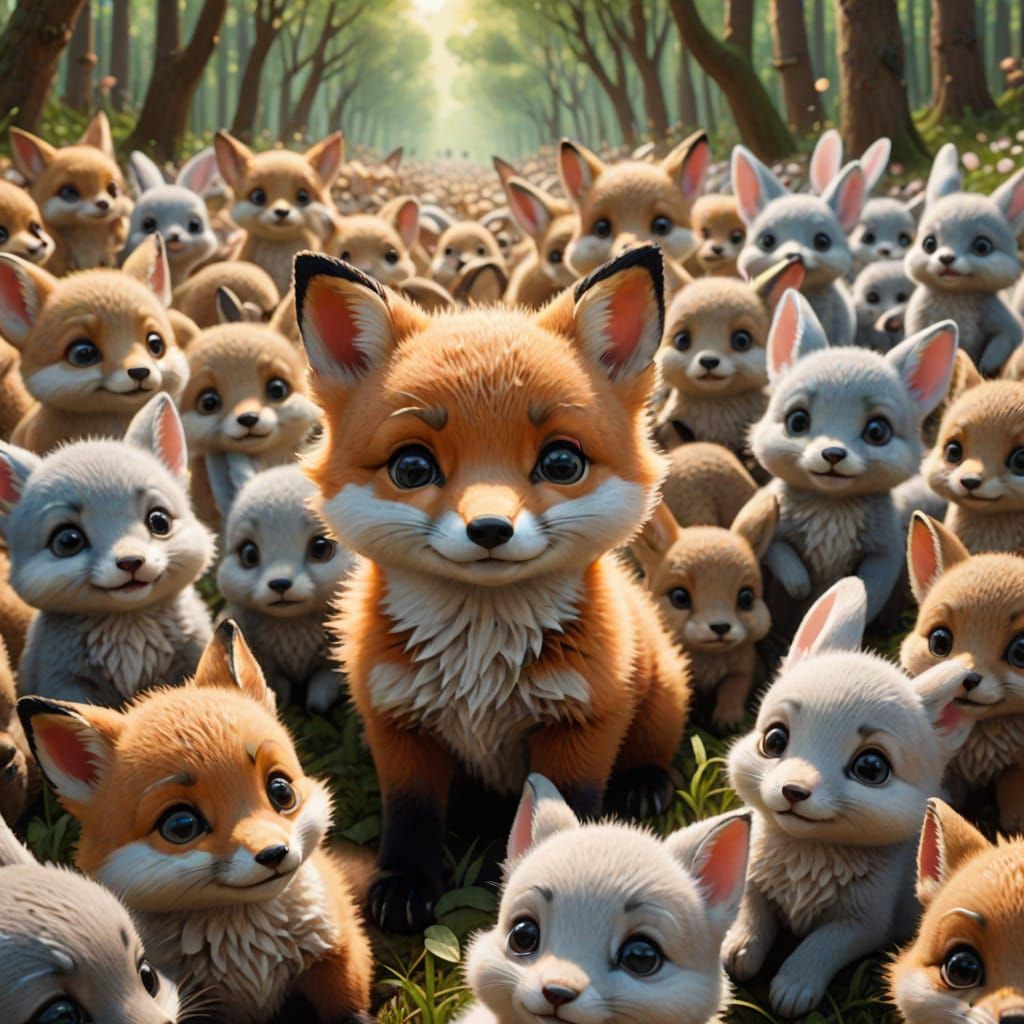 Baby Fox in Crowd of Rabbits: Pixar Style