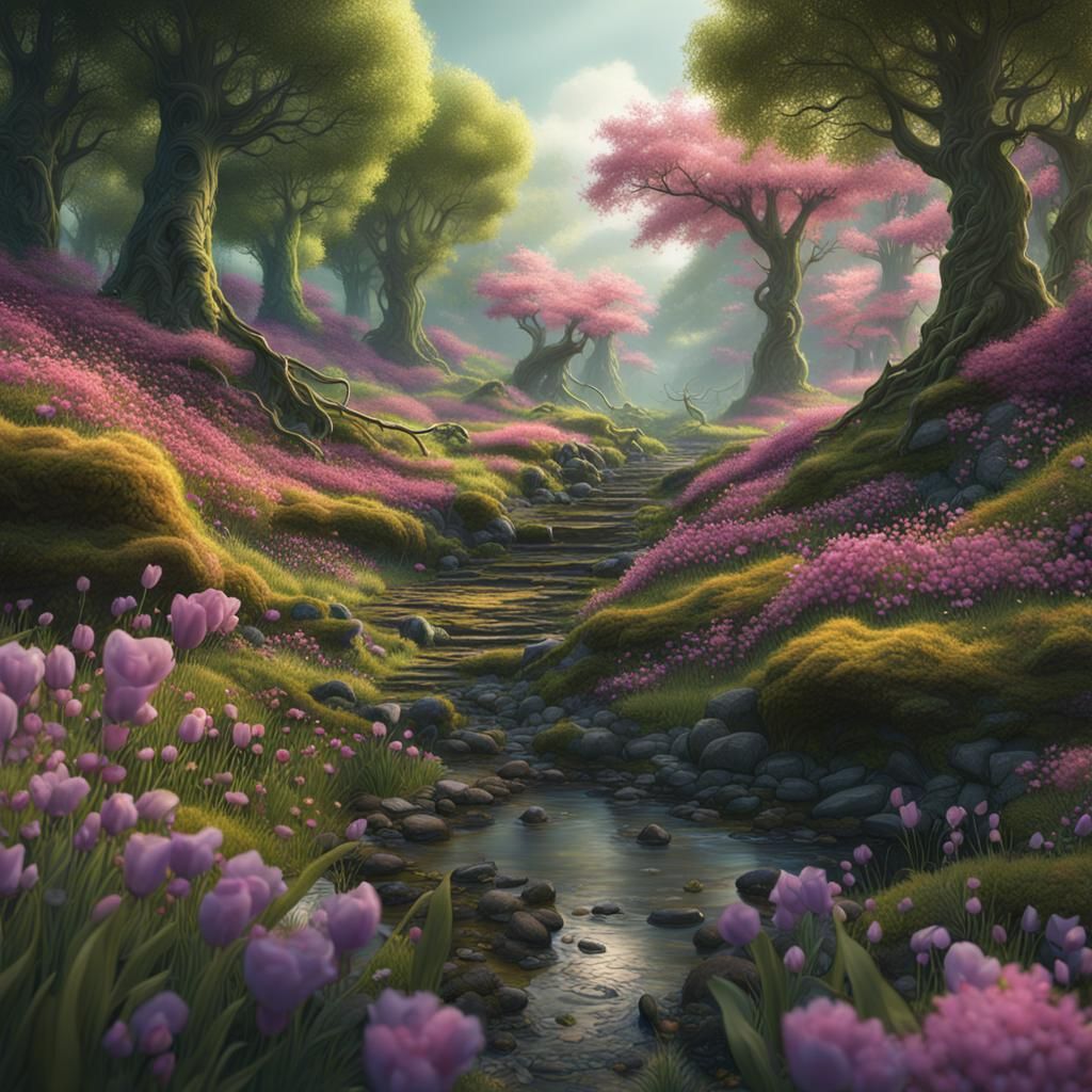 Lush Spring Forest: Detailed Fantasy Concept Art