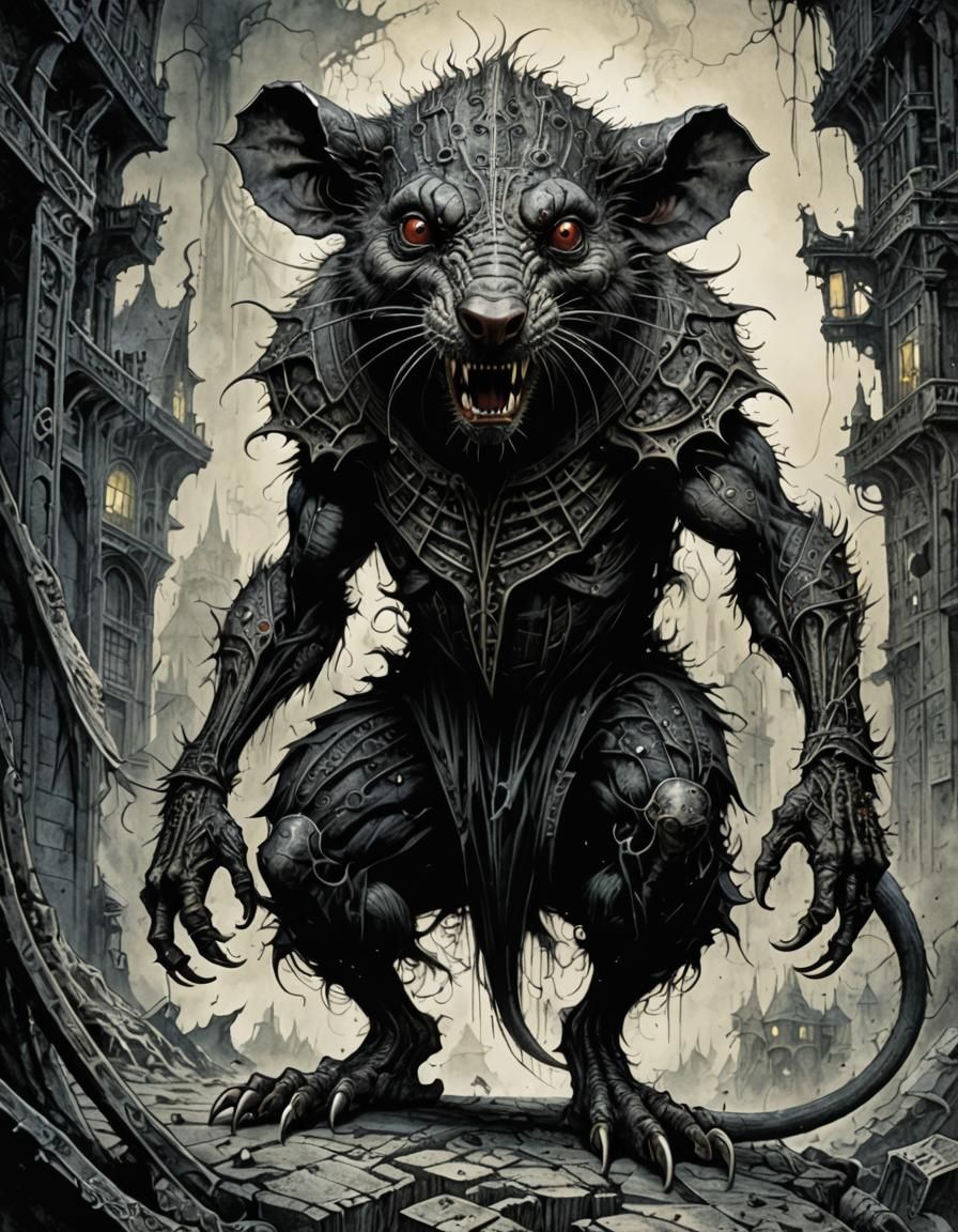 Eerie Rat-Man Creature in Ink Drawing Style
