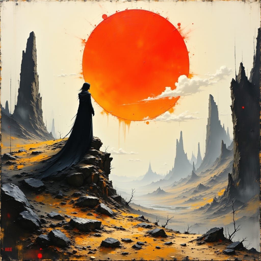 Traveler Gazing at Red Sun: Impasto Oil Painting