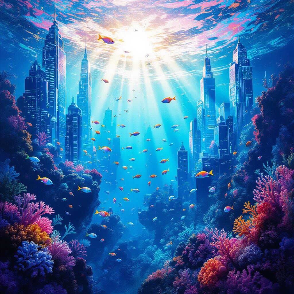 Alien Coral Reef City with Bioluminescent Life