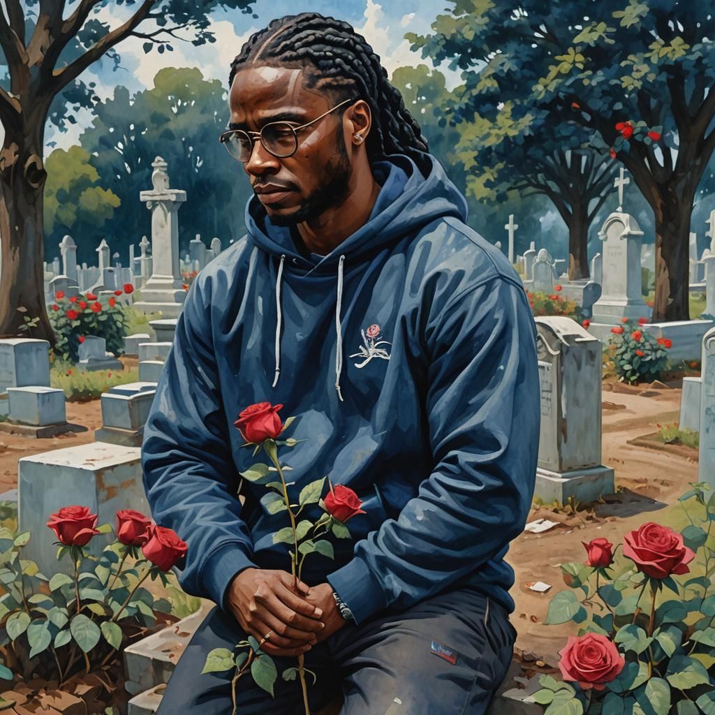 Gouache Painting: Man Crying with Rose in Graveyard