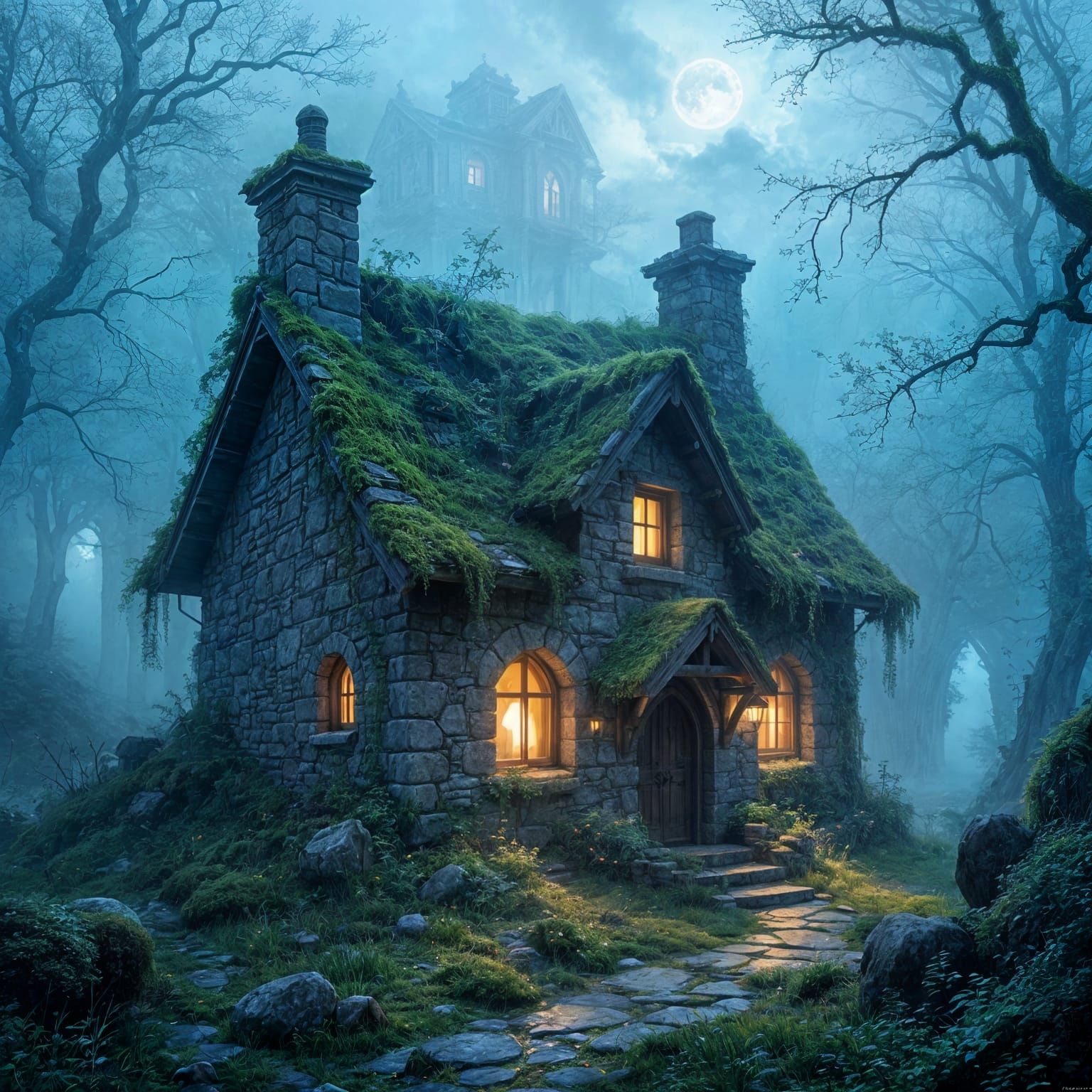 Enchanted Forest Cottage in Misty Twilight