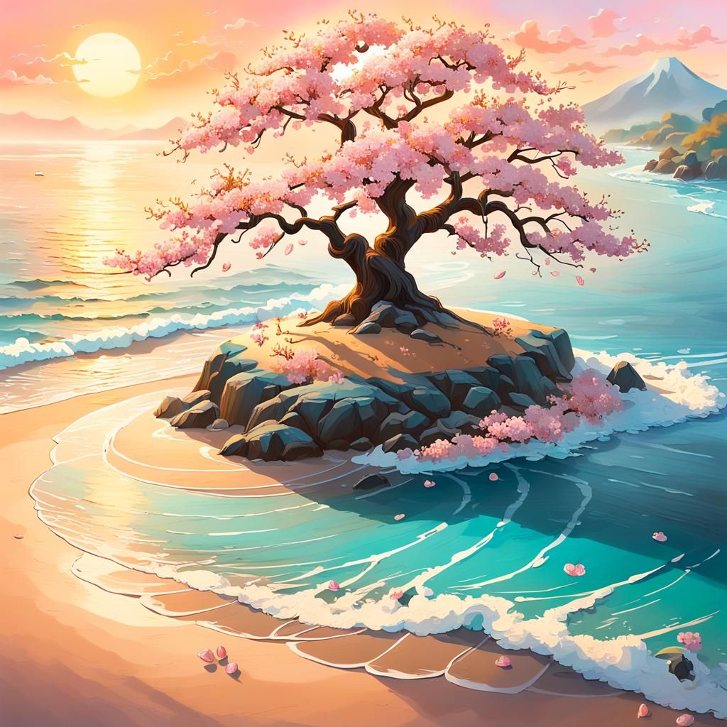 Orange Sand Island with Cherry Blossom Tree