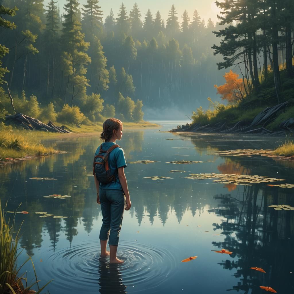 Girl Emerges from Lake in Oil Painting Style