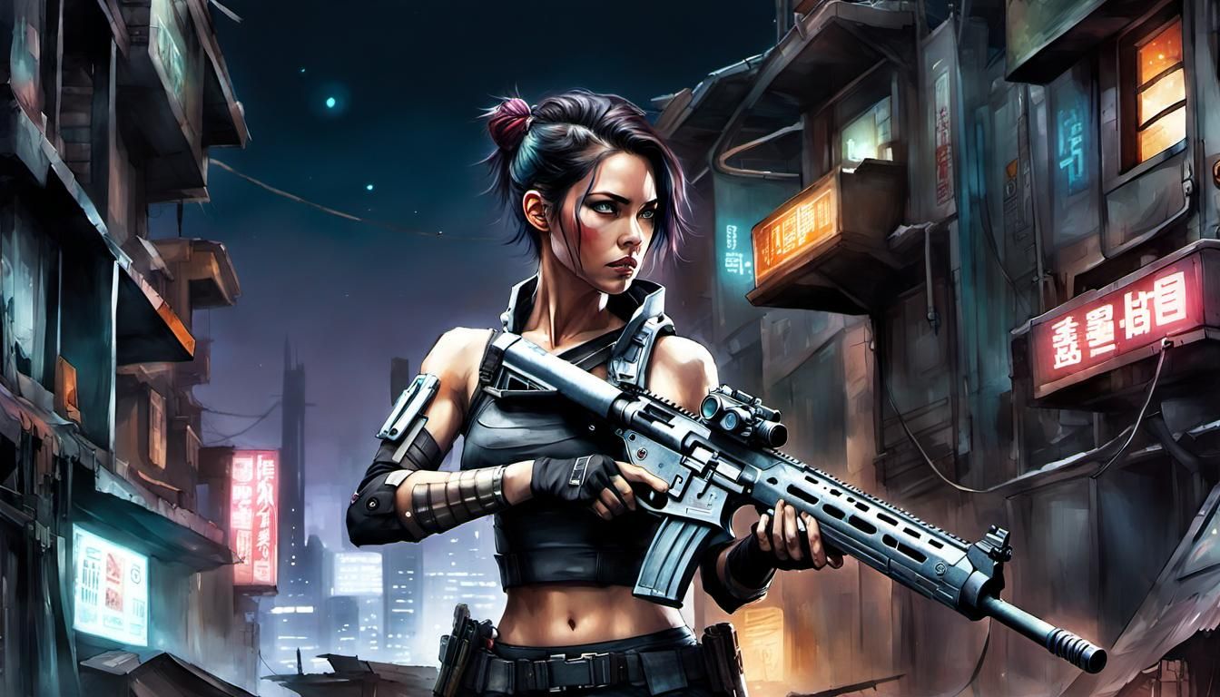 Cyborg Warrior in Futuristic Slums: Digital Watercolor Art