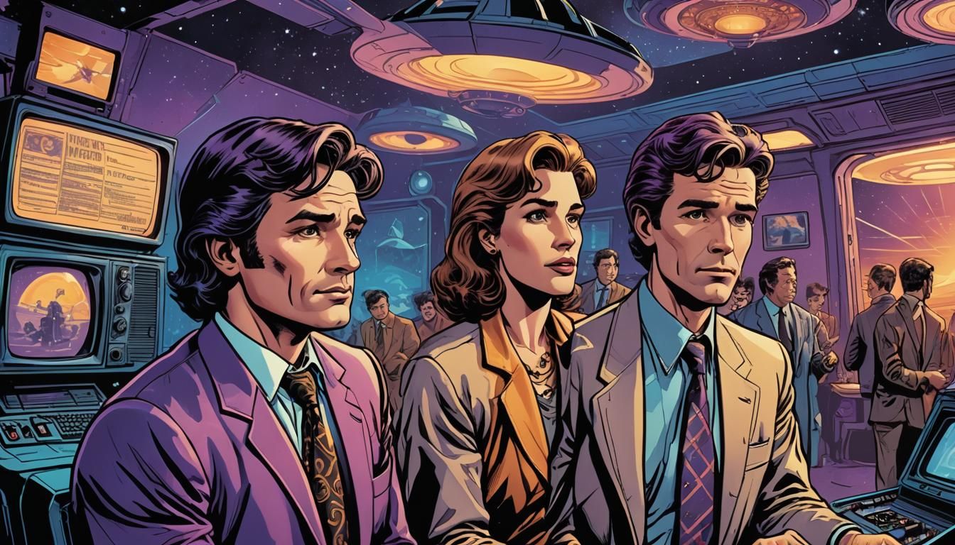 UFO Encounter on 80s TV in Comic Book Style