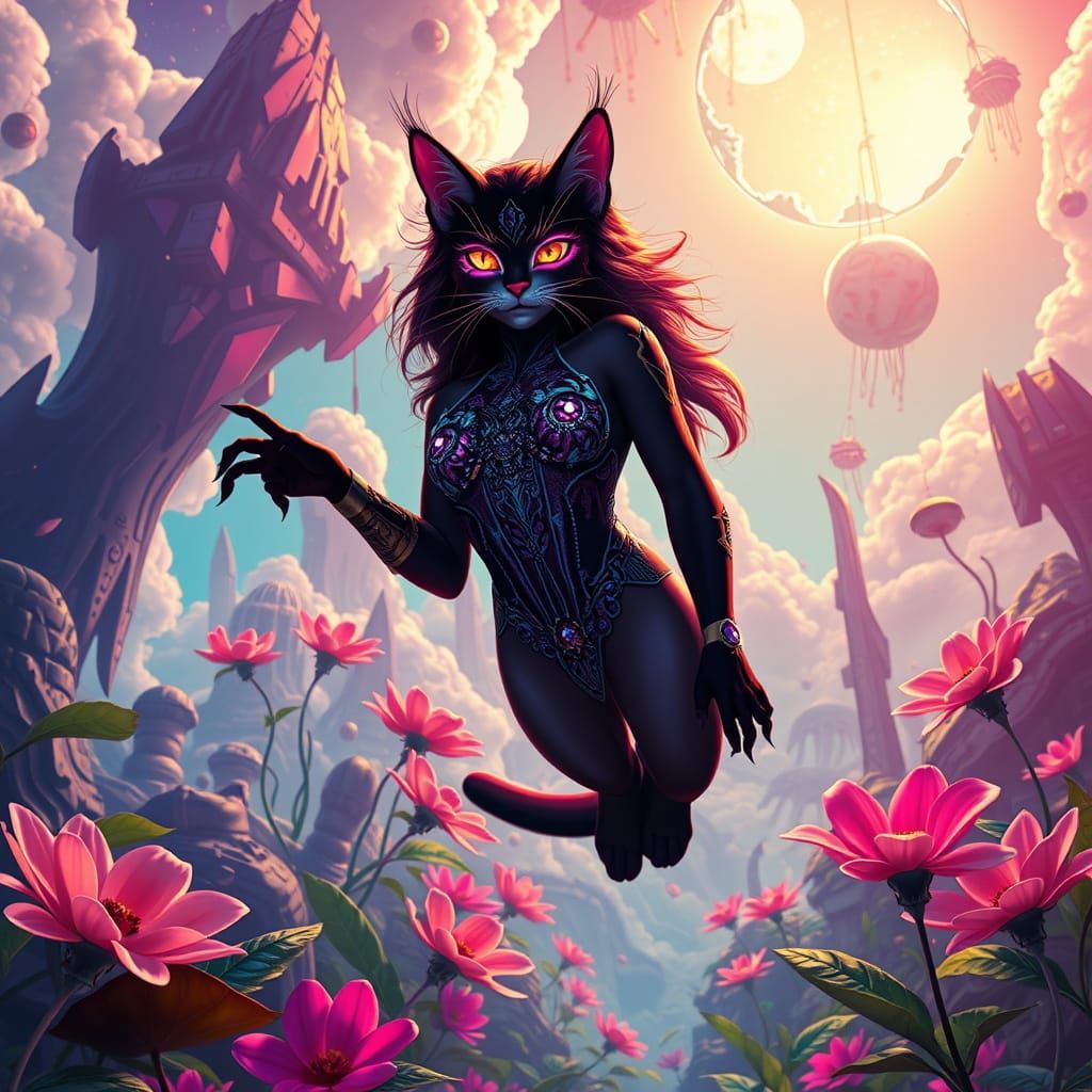 Goddess Nyma Ascends in a Neon Cyberpunk Landscape