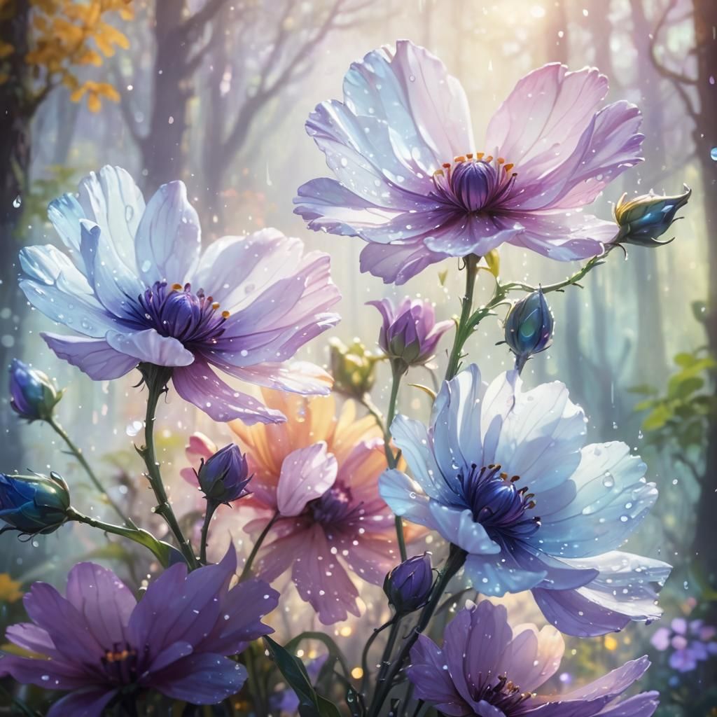 Mystical Forest: Colorful Flowers in Impressionist Oil Paint...