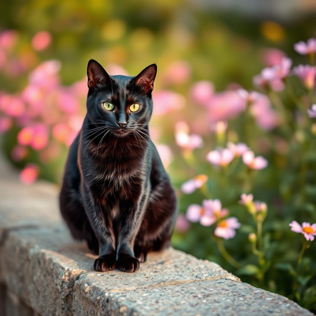 Sleek Black Cat on Weathered Rock Wall with Vibrant Flowers