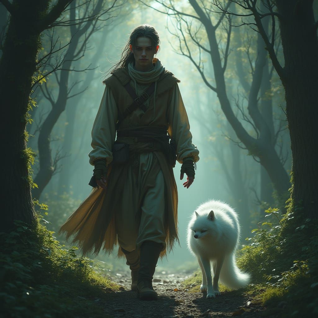 Tiefling Druid Walks with Ghostly Fox in Enchanted Forest
