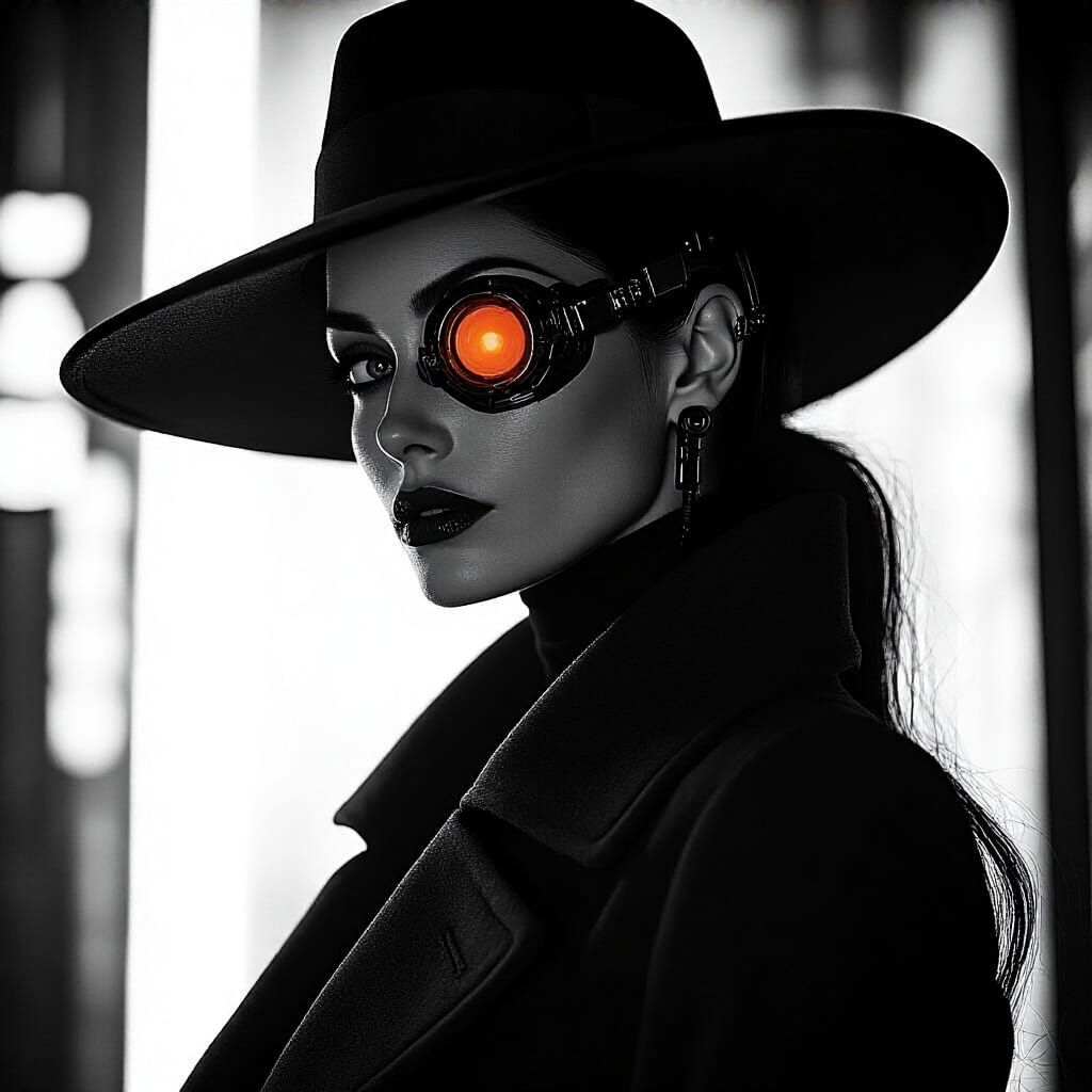 Cybernetic Woman in Film Noir Style