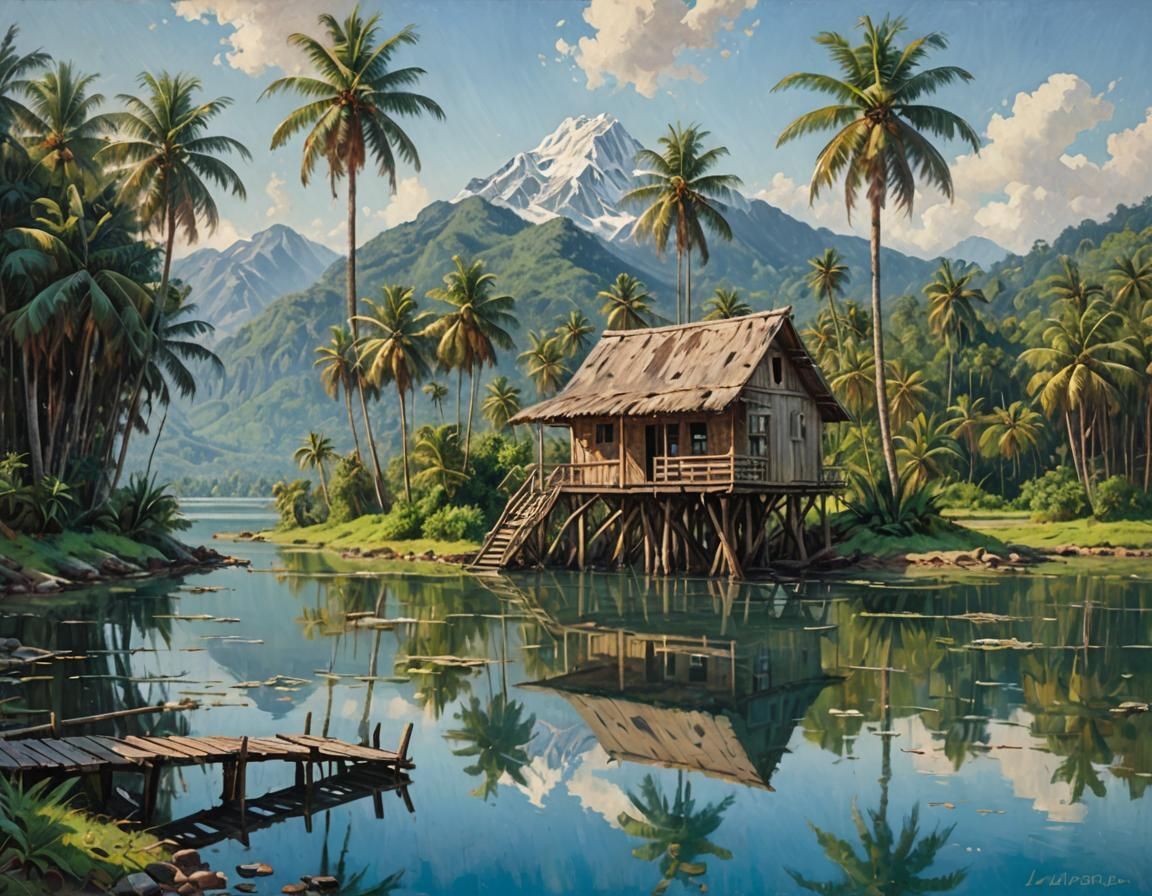 Tranquil Lakeside Cabin on Stilts: Oil Painting
