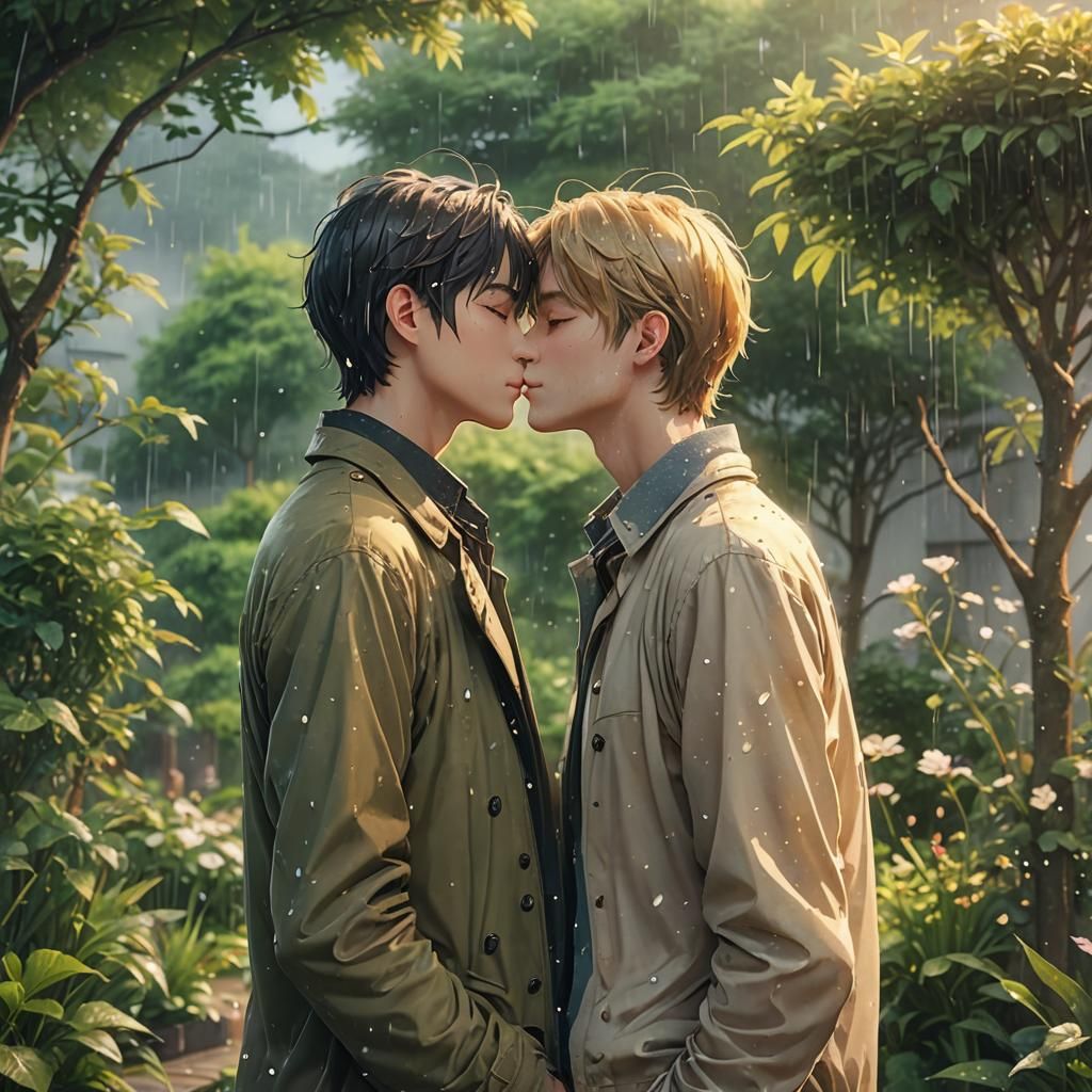 Romantic Anime Kiss in Misty Golden Garden