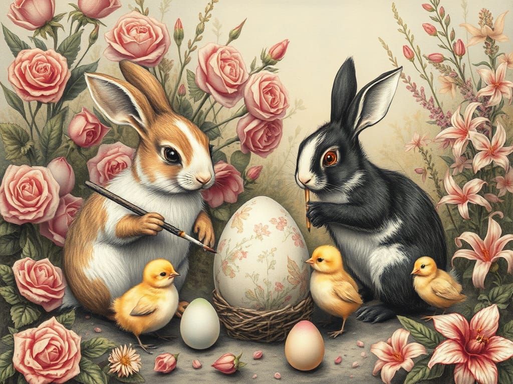 Rabbits and Chicks Paint Easter Eggs: Vintage Charcoal Drawi...