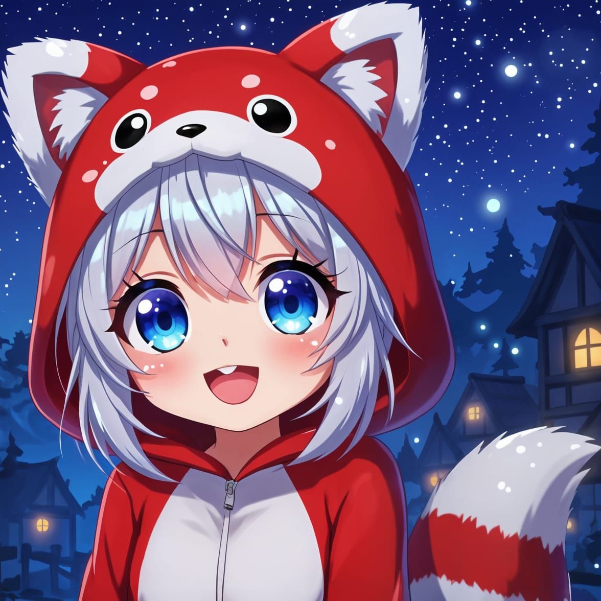 Adorable Anime Red Panda Girl in Fantasy Village