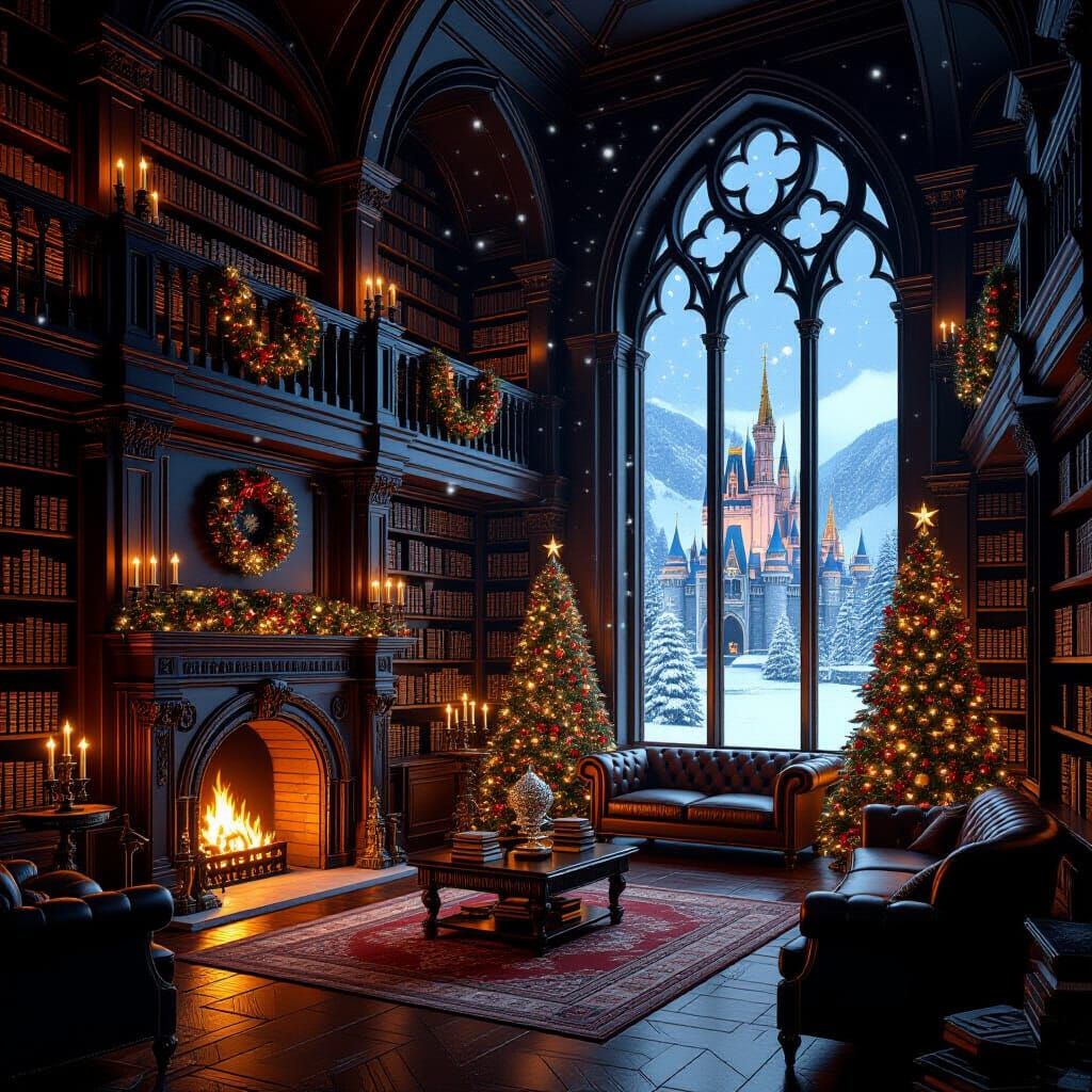 Grand Castle Library Interior with Christmas Cheer