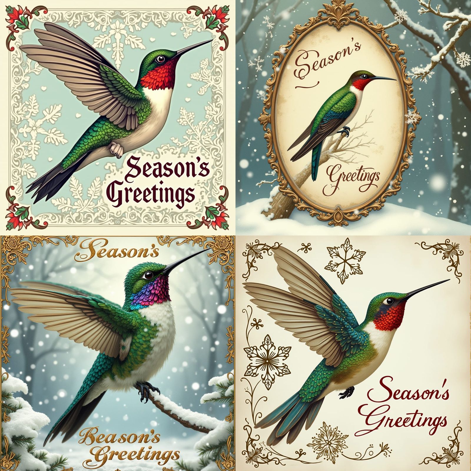 Vintage Holiday Card with Hummingbird and Snowflakes