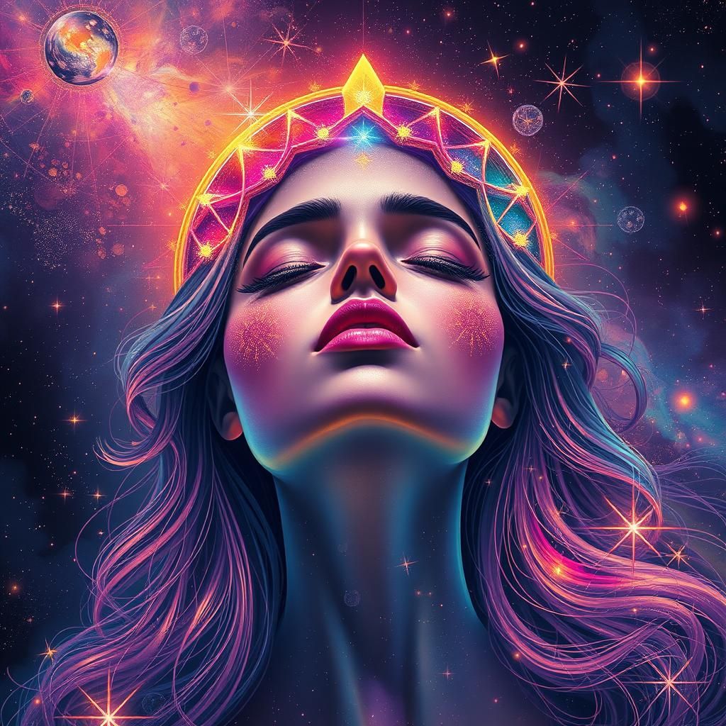Goddess in Vibrant Holographic Cosmic Illustration