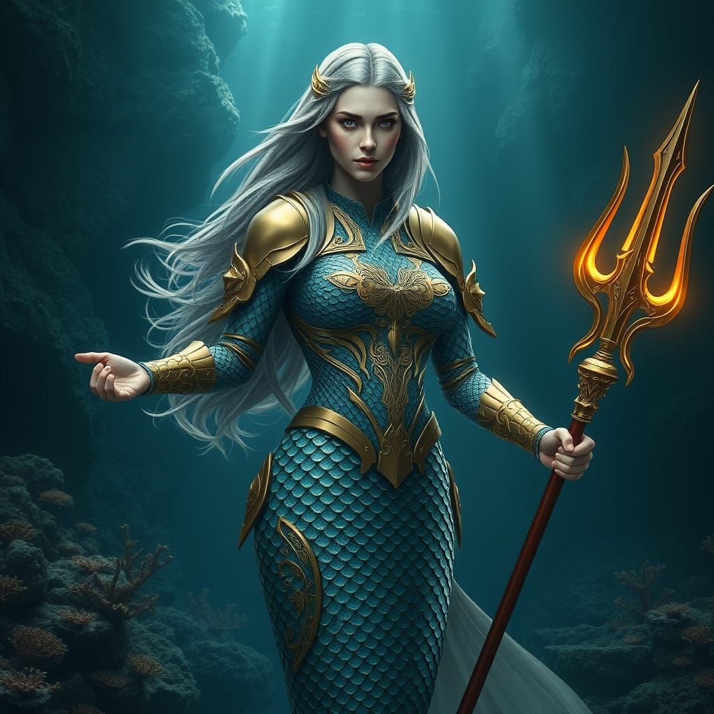 Sovereign Mermaid Guardian in Golden Armor, Radiant in Dark ...